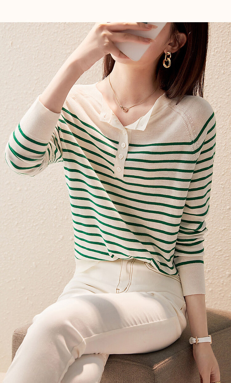 Demana Japanese Style Artistic Commuter Spring Autumn Colorblock Striped Round Neck Slimming Knit Sweater 23