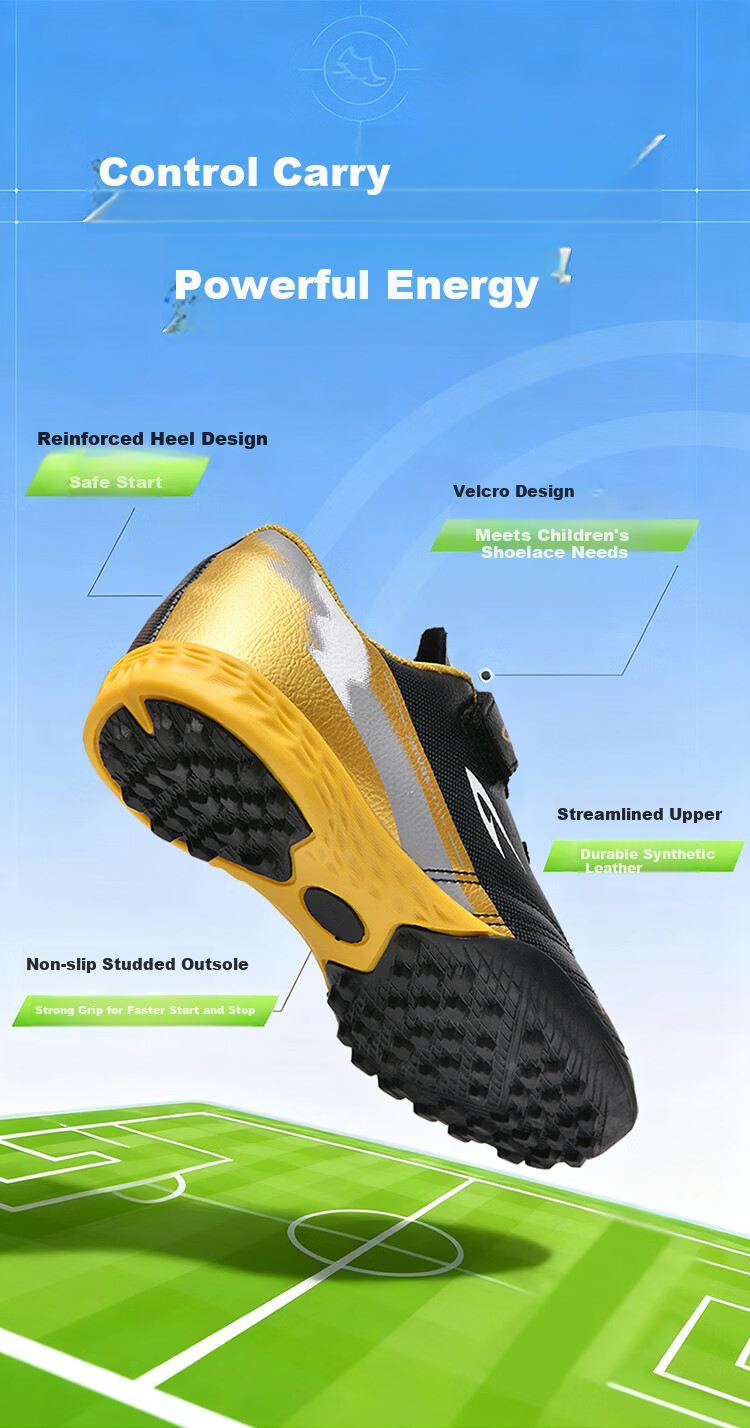 DEERWAY Kids Soccer Shoes Velcro Slip-On Boys Girls Primary School TF Turf Non-Slip Wear-Resistant Black Gold Size 39 6