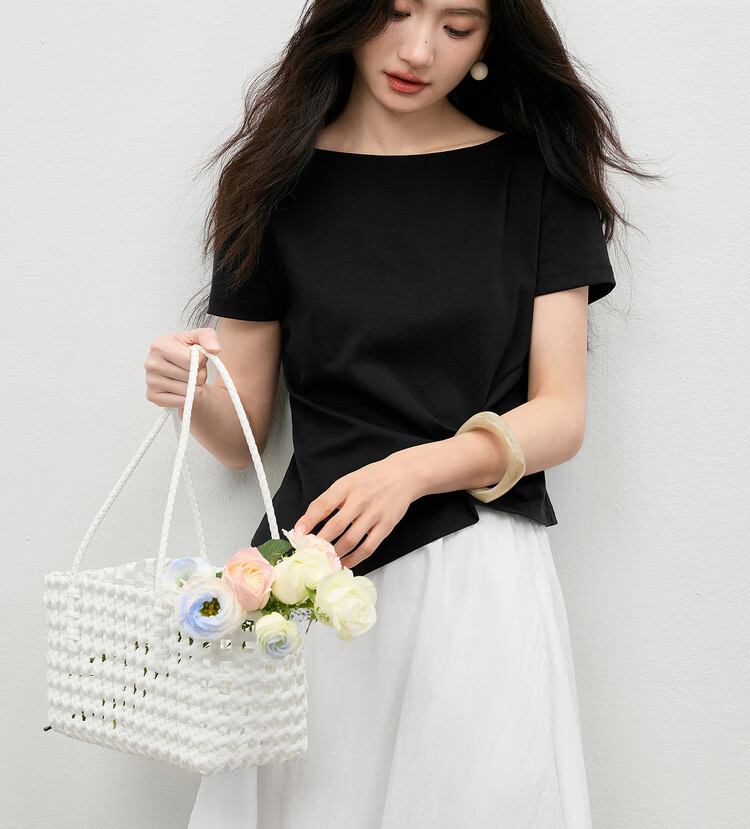 Shangdu Bila Off-Shoulder Pure Cotton T-Shirt Women Spring Summer Twist Knot Irregular Hem Short Sleeve Slimming Top 21