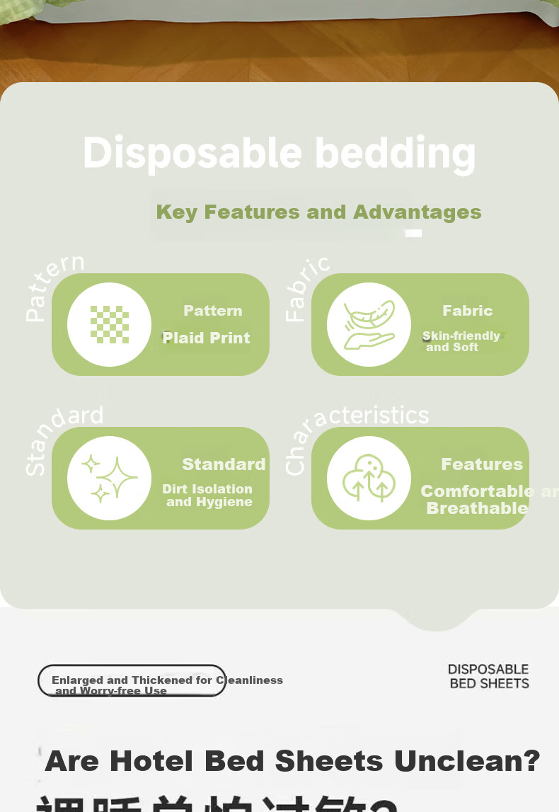 Qihaiqiu Disposable 3-Piece Single Thickened Pillowcase Duvet Cover Bed Sheet Travel Hotel Hygiene Portable Light Green Plaid 2