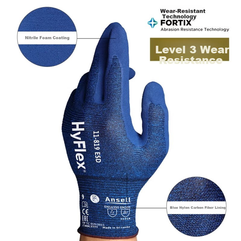 Ansell Antistatic Protective Gloves Comfortable Lightweight Touchscreen Non-slip Wear-resistant Discharge Protection Work Safety Gloves 11-819 (1 Pair) 7/S