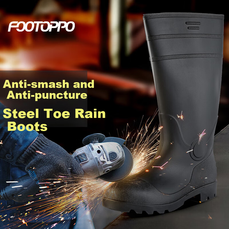 FOOTOPPO Men's Mid-Calf Work Rain Boots Steel Toe Anti-Smash Puncture-Resistant Waterproof Mining Safety Shoes with Steel Plate and Steel Sole High Tube Rubber Boots
