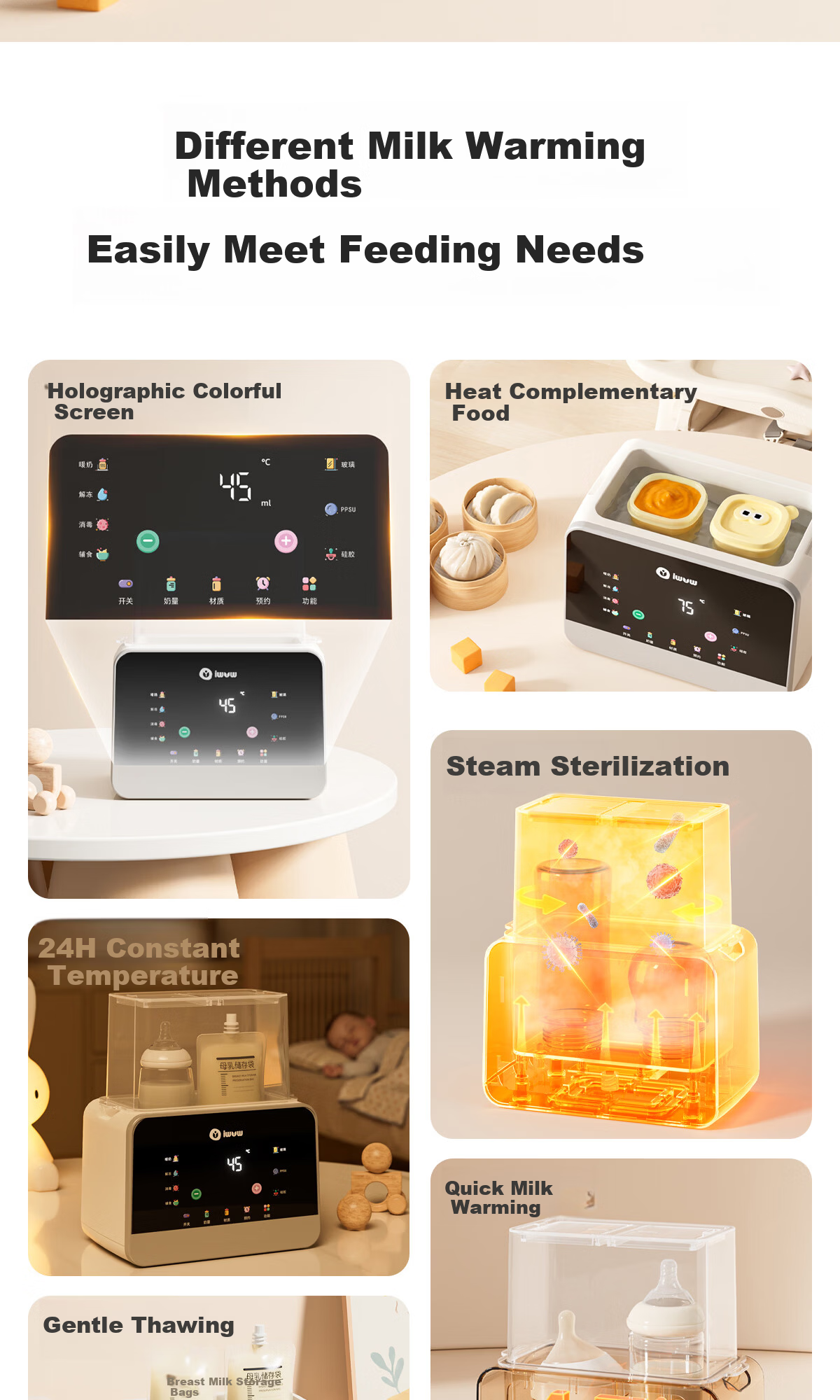 IWVW Milk Warmer and Sterilizer 2-in-1 Temperature Control Bottle Warmer Baby Formula Heater Breast Milk Defroster Steam Sterilizer 2