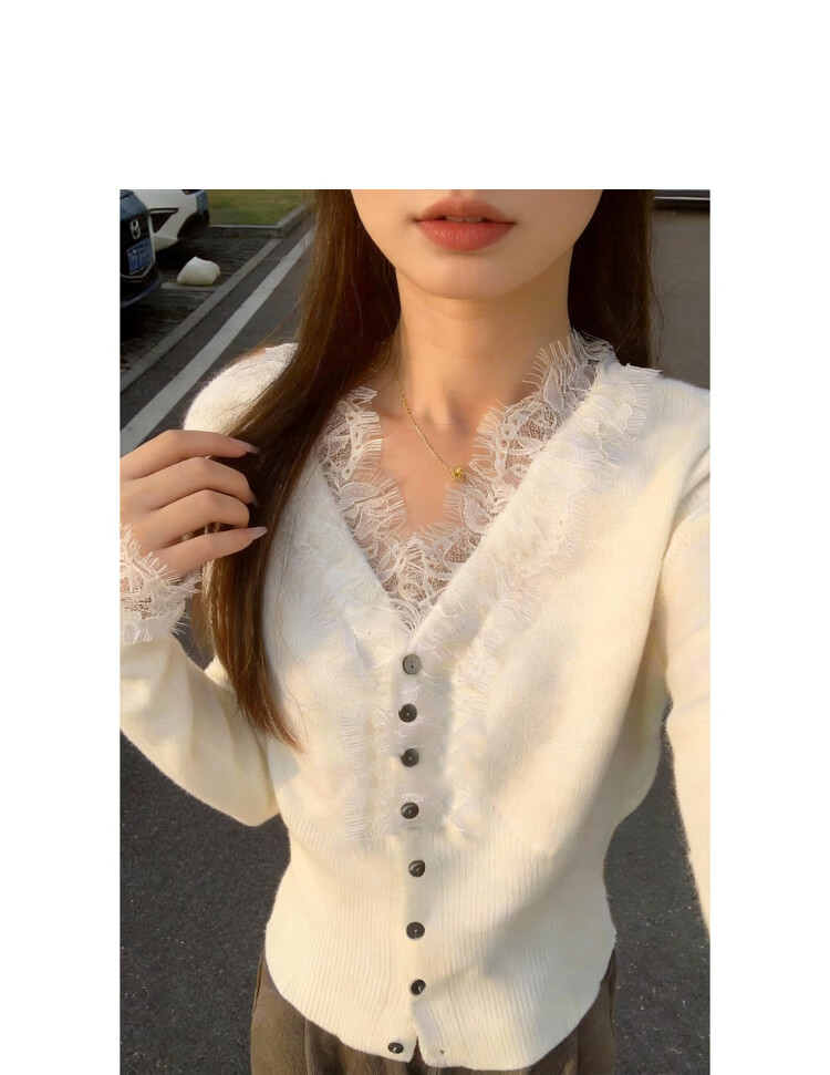 Demana Spring Elegant V-Neck Lace Trim Wool Blend Slim Fit Knit Cardigan for Women 10