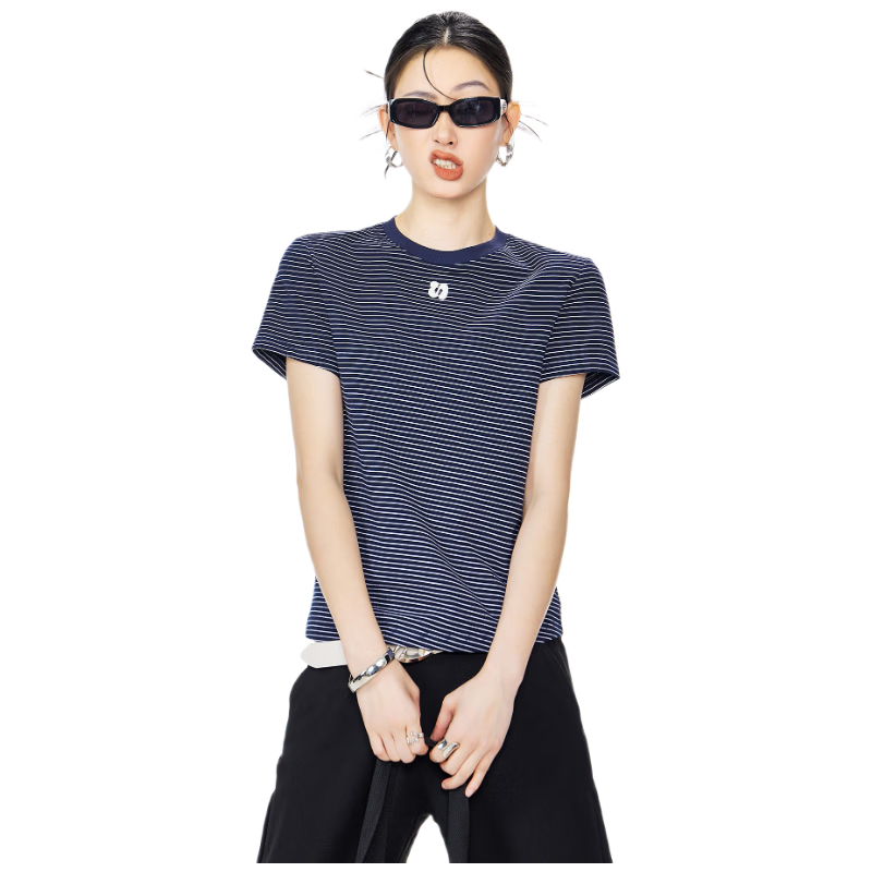 ICH MODE Women's Slim Fit American Stripe Short Sleeve T-Shirt 2026 Summer New Trendy Shoulder Top Navy Blue S