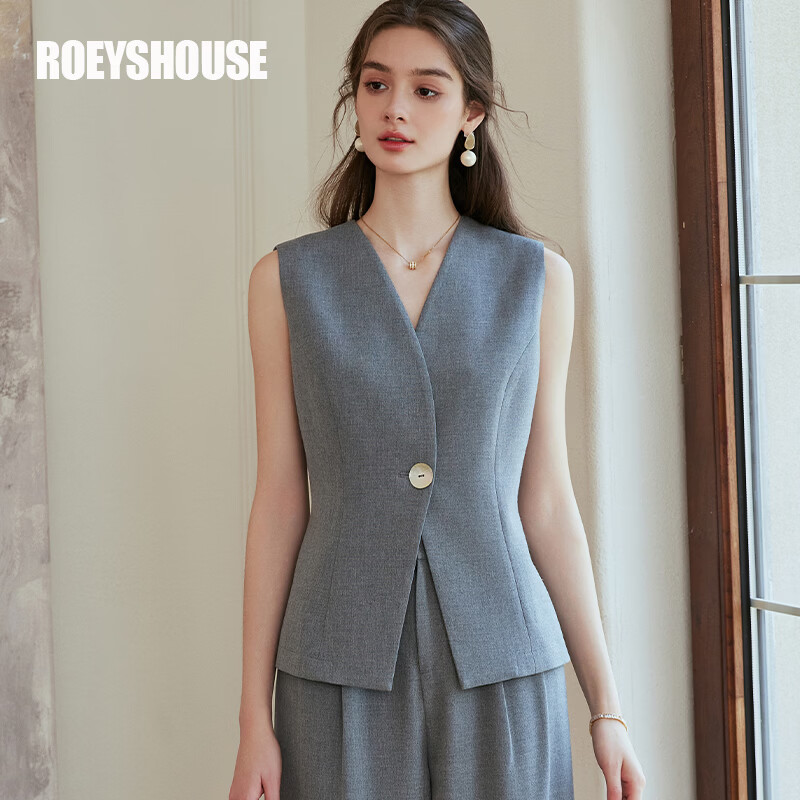 ROEYSHOUSE Women's Premium Minimalist Slim Fit Vest Spring Professional OL Commuter Jacket 10193 Light Gray S