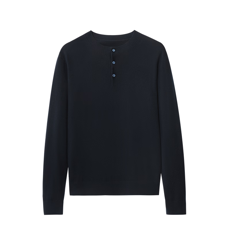 Goldlion [Puff Fleece] Men's Casual Solid Henry Collar Sweater Autumn Winter Long Sleeve Knitwear Dark Blue 2XL