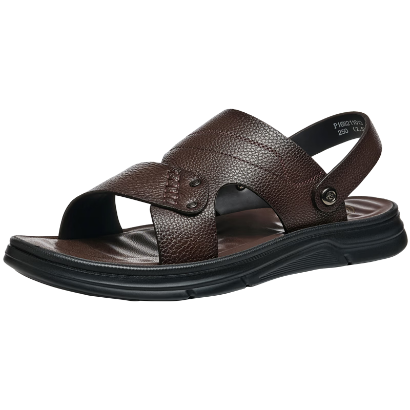 Camel Brand Men's First Layer Cowhide Sandals Beach Shoes Open Toe Breathable Dual-Wear Slippers P16M211013 Black Size 42