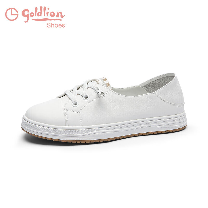 Goldlion Women's Casual Sneakers, Round Toe Comfortable Flat Wear-Resistant Slip-On White Shoes 668220189 White Apricot Size 36