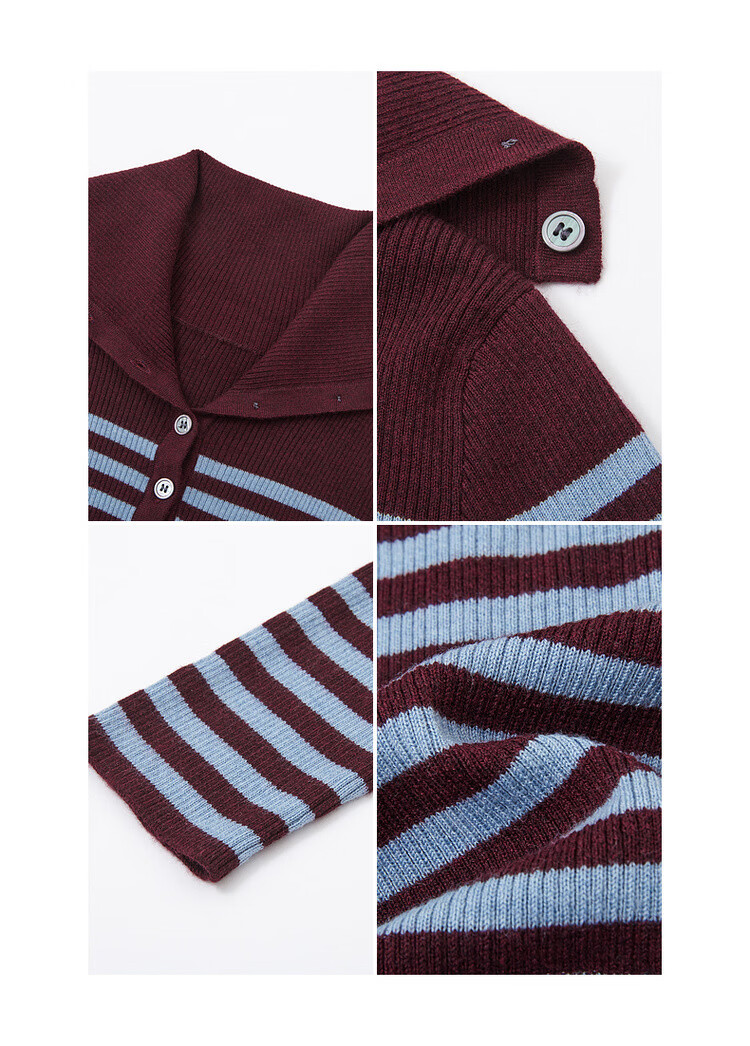MT Striped Retro Color-Block Lapel Sweater Slim Fit Wool Blend Knit Top for Women Spring 12
