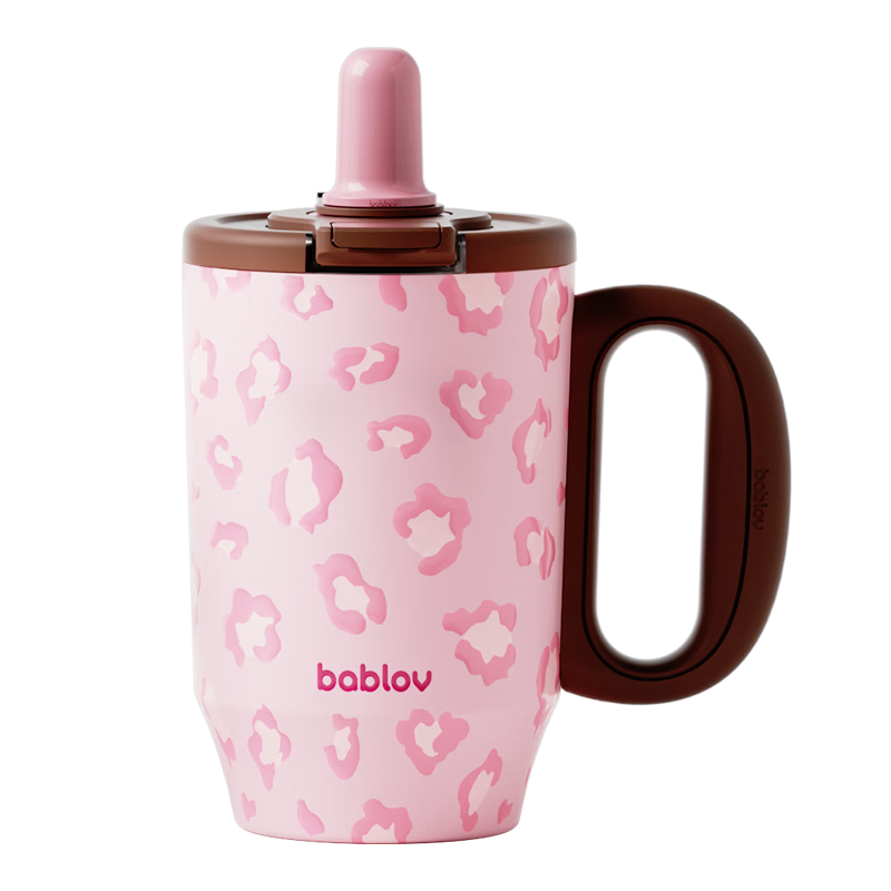 BABLOV Flower Companion Leopard Print Children's Insulated Straw Water Bottle for Girls Birthday Gift Desktop Handle Cup Compact Cup
