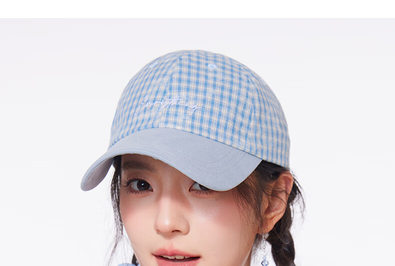 CACUSS Women's Duckbill Cap Spring Summer New Pure Cotton Soft Top Baseball Cap Small Face Plaid Sun Hat Light Blue 12