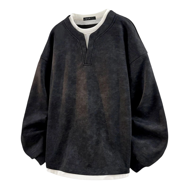 JEEP SPIRIT Men's Spring American Vintage Casual Long Sleeve Faux Two-Piece Sweatshirt Black 3XL