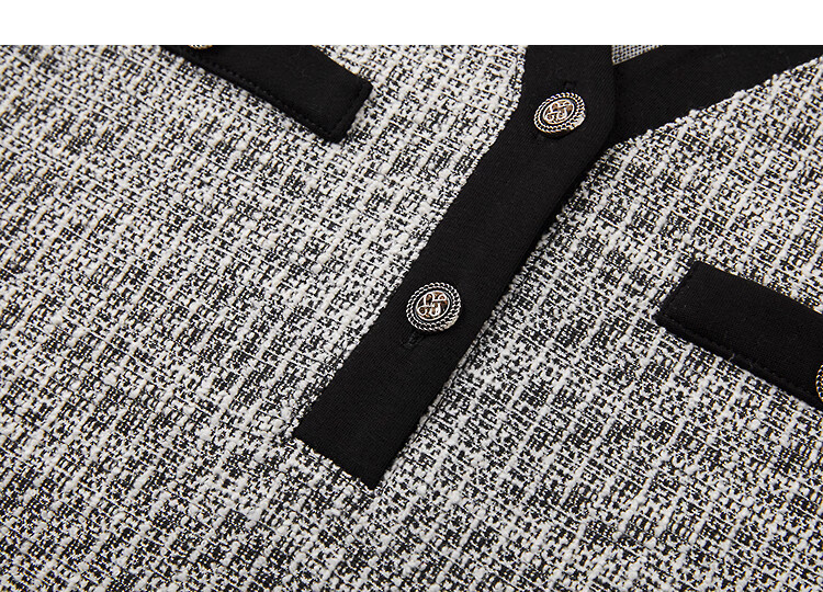 Demana [Smart Sensory Woman] Spring Small Fragrance Style Color-Block V-Neck Faux Pocket Long Sleeve Petite Women's Dress 13