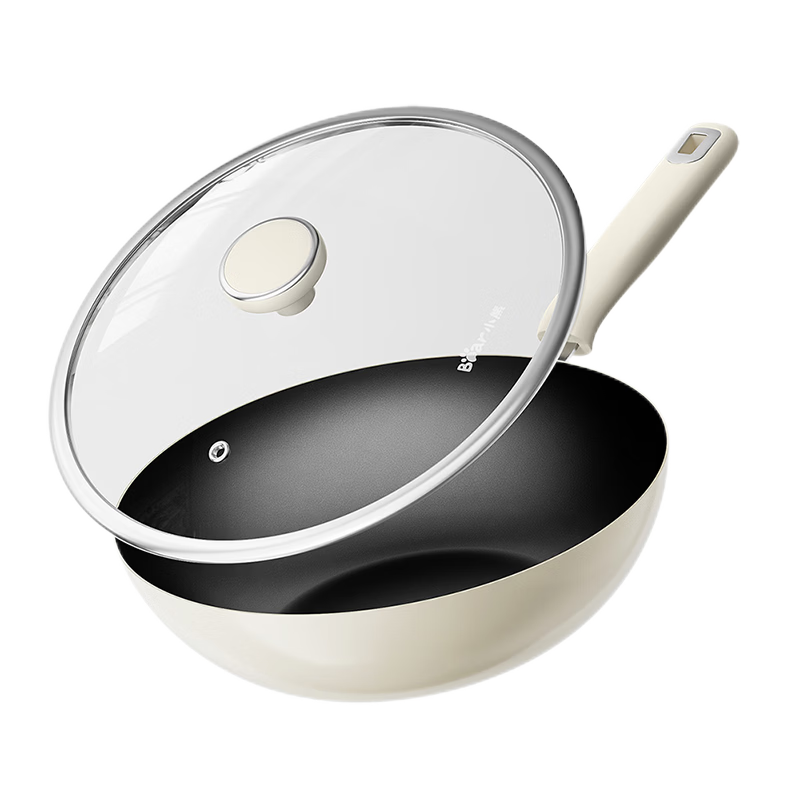 Bear Ceramic Cast Iron Wok, Non-Coated Cooking Pan, 32cm Household Flat Bottom Pan, Compatible with Induction And Gas Stoves