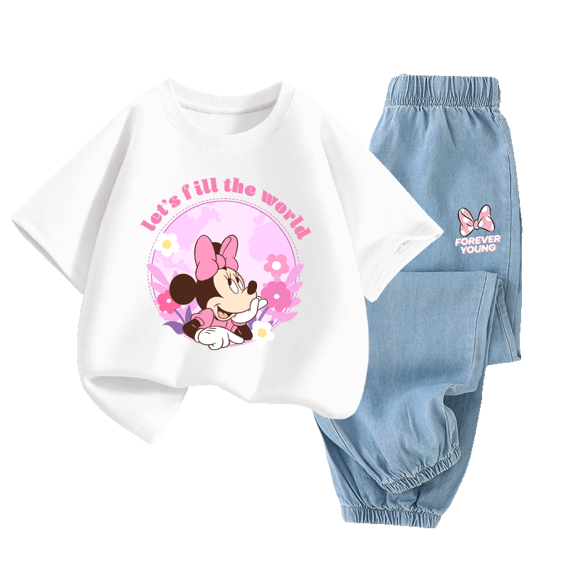 Disney Kids Set Short Sleeve Cotton Tencel Jeans Disney Flower T White + Polka Dot K Light Blue 150