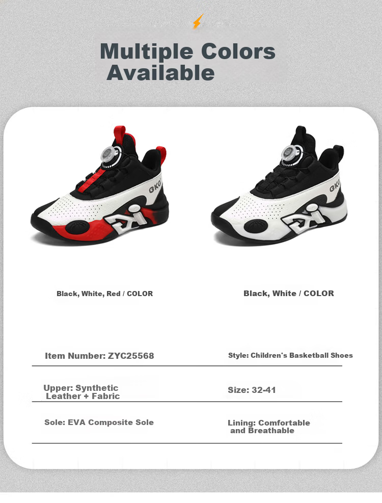 BKG Kids Basketball Shoes Boys Non-Slip Sports Youth Leather Cushioning Sneakers ZYC25568 Black White Size 32 9