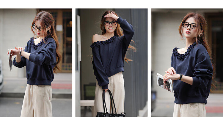 MT 【Comfort Cloud Cotton】Spring Elegant Off-Shoulder Lace Trim Loose Casual Women's Sweatshirt 5