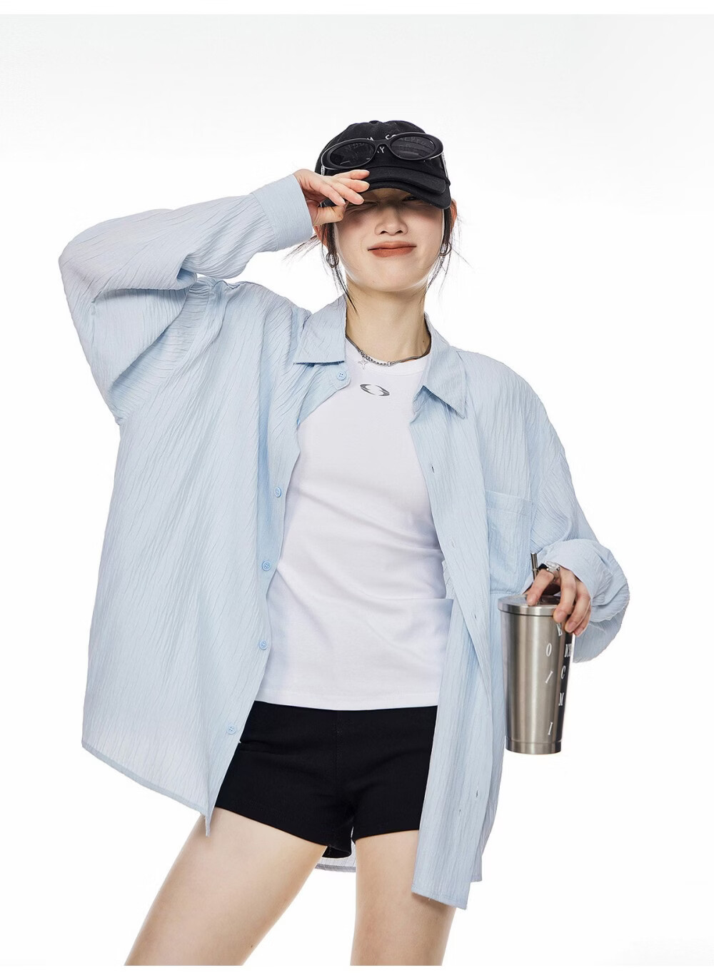 ICH MODE American Texture Physical Sunscreen Long Sleeve Shirt Women 2026 New Summer Premium Shirt Light Blue S 8