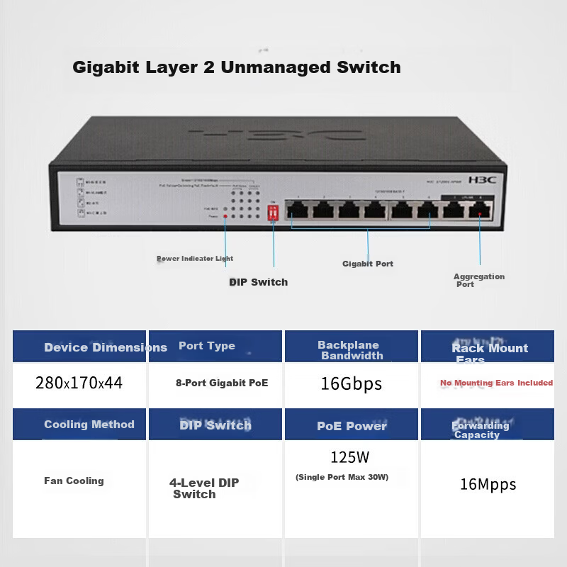 H3C S1208V-PWR 8-Port Gigabit PoE Switch Enterprise-Level Plug and Play Network Cable Splitter 60W PoE Power