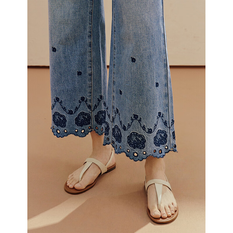 INMAN INMAN [Runway Style] Embroidered Wide-Leg Cropped Jeans, Summer 2026 Women's Embellished Pants, Denim Blue, Size 26