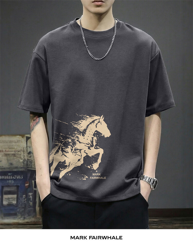 MARK FAIRWHALE Men's Heavyweight Short Sleeve T-Shirt Summer Year of the Horse Limited Edition New Year Cotton Trendy Navy Blue S 12
