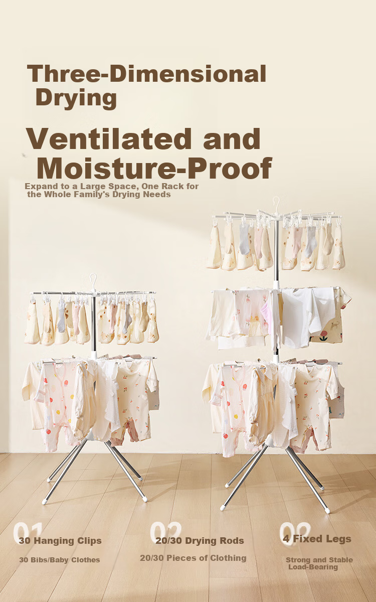 JD Jingzao Baby Stainless Steel Floor Clothes Drying Rack Towel and Diaper Hanger Foldable Two-Layer Clothes Rod 10