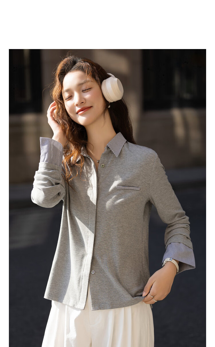 Demana Intellectual Spring Colorblock Spliced Lapel Fake Pocket High Elastic Petite Women's Shirt 11