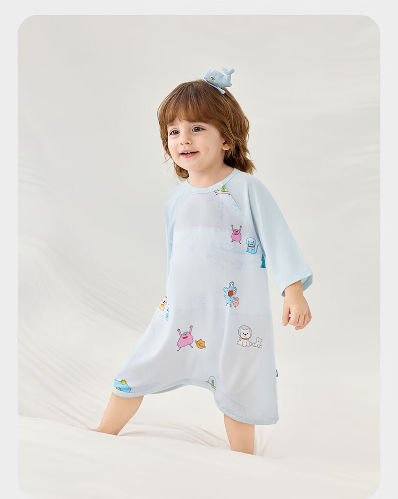 Babycare Baby Spring and Summer Sleep Dress with Soft Belly Protection, Leg-Separated Sleeping Bag, 3/4 Sleeve, Mint Seed Pattern, Size 110 (105-115cm) 40