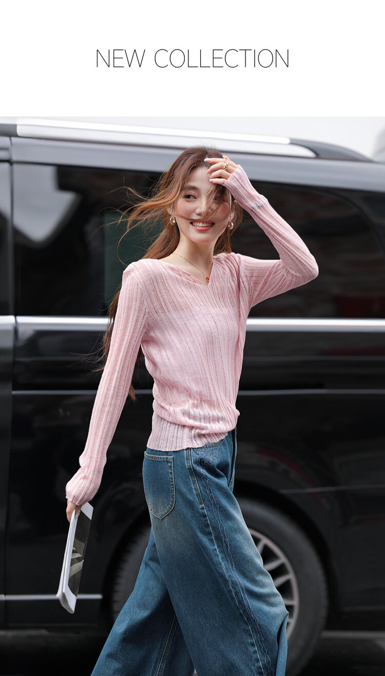 Mt [Oxygen-Permeable Texture] Spring Soft Low-Saturation V-Neck Lightweight Knit Top for Petite Women 1