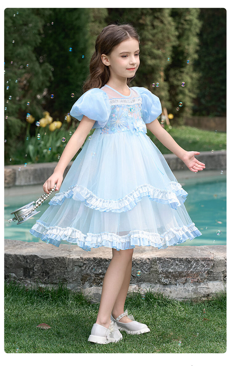 Disney Girls Elsa Princess Dress Summer 2026 New Stylish Lolita Children's Birthday Party Dress Puffy Skirt 14