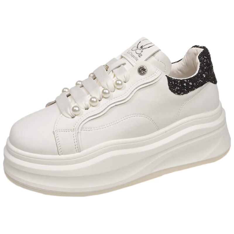 La Chapelle Women's Sneakers, Thick-Soled White Shoes, Versatile Pearl Lace-Up Sports White Shoes for Women-JX005 Silver 35