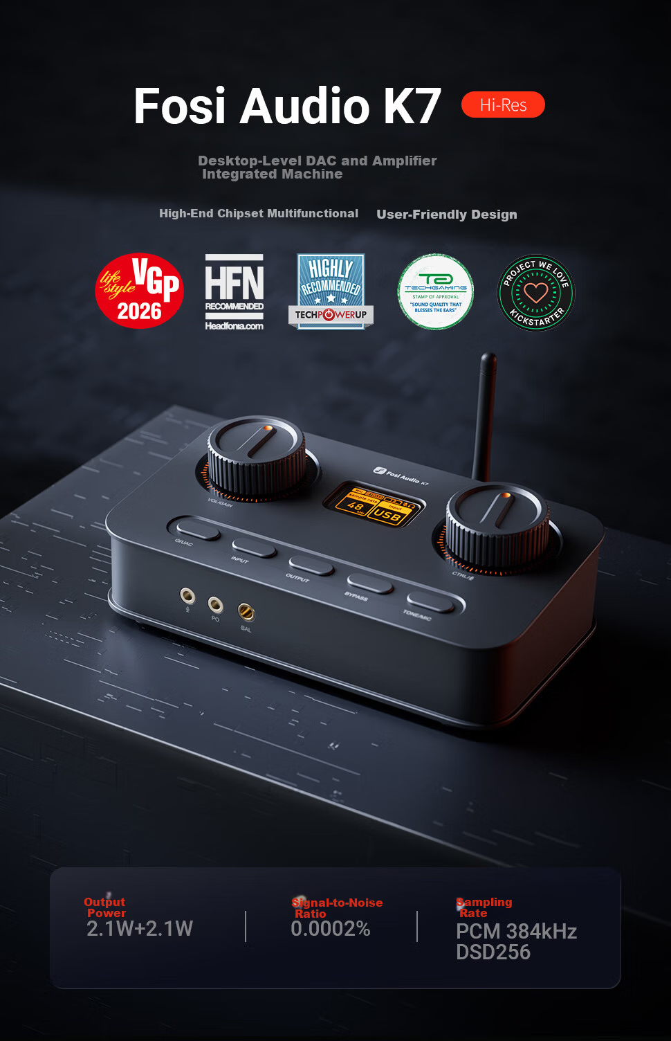 FOSI AUDIO K7 High-End DAC Headphone Amplifier External Sound Card for PC Gaming Audio Decoder Black 1
