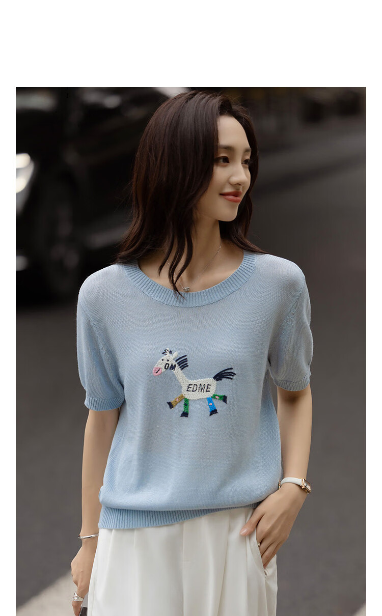 Demana Linen Lyocell Blend Spring Cute Colorblock Embroidered Slimming Short Sleeve Knit Sweater for Women 14