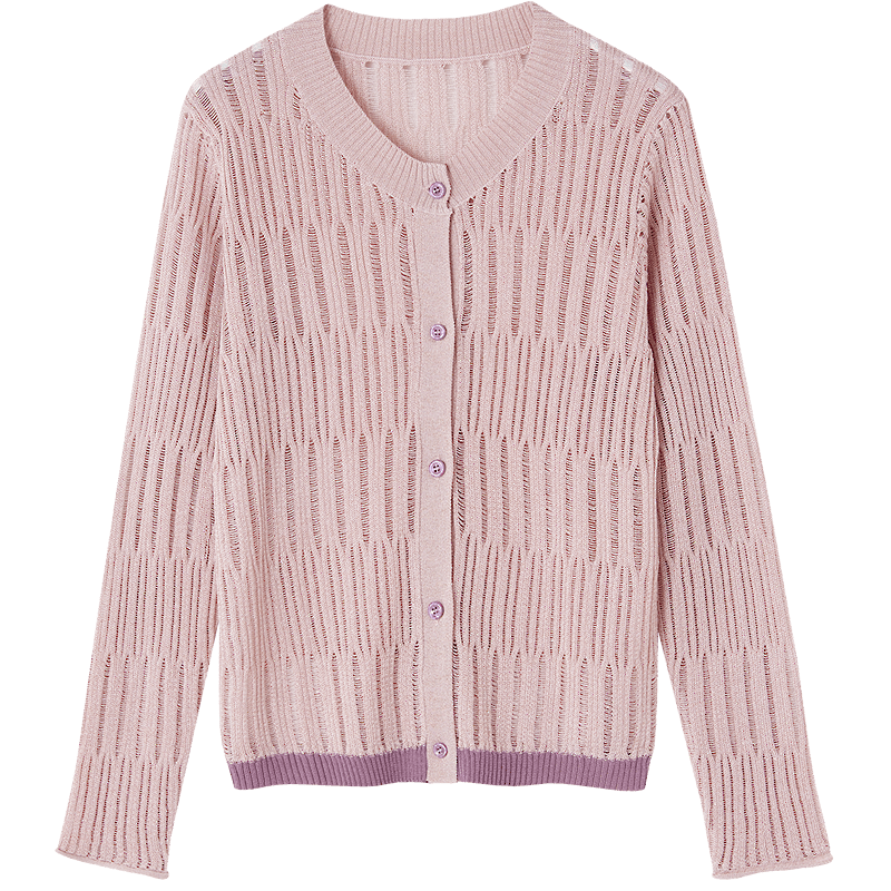 Demana Breathable Tencel Cardigan Spring Round Neck Hollow Out Color Block Soft Stretchy Women's Knit Sweater for Petite