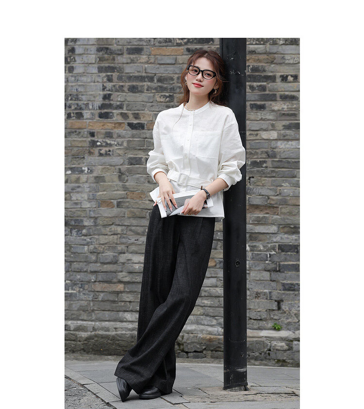 Mt Breathable Cotton-Linen Spring Adjustable Waistband Round Neck Mid-Length Loose Shirt Women's Top 7