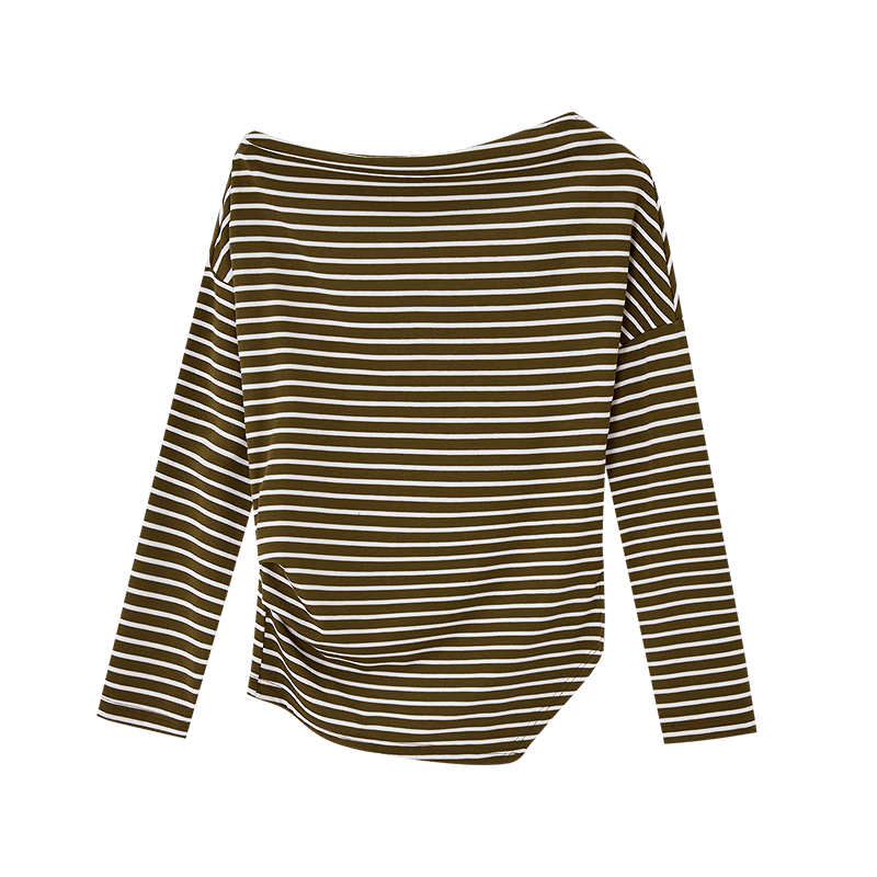 Demana [Light Oxygen Lyocell] Spring Urban Retro Style Asymmetric Collar Striped Stretch Slimming Concealing T-Shirt for Women Premium Feel