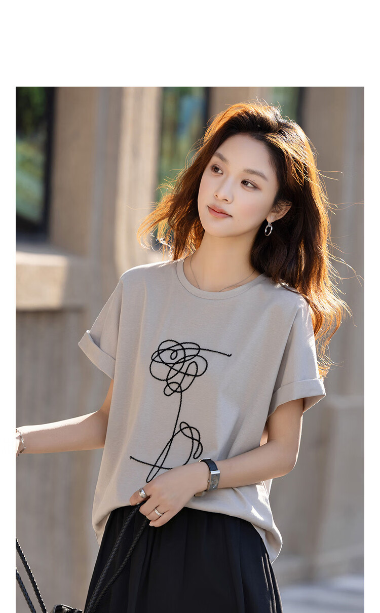 Demana [Cloud Soft Cotton Blend] Spring Urban Simple Crew Neck Color-Block Embroidered Short Loose Fit Women's T-Shirt 5