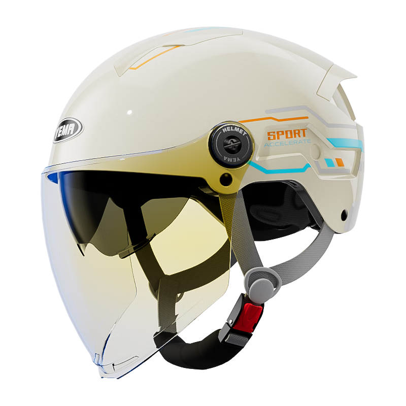 YEMA 3C Certified New National Standard Electric Vehicle Helmet Women Summer Sun Protection Dual Lens Motorcycle Half Helmet Men Summer Riding Electric Scooter Safety Helmet 371S Khaki White + Aurora