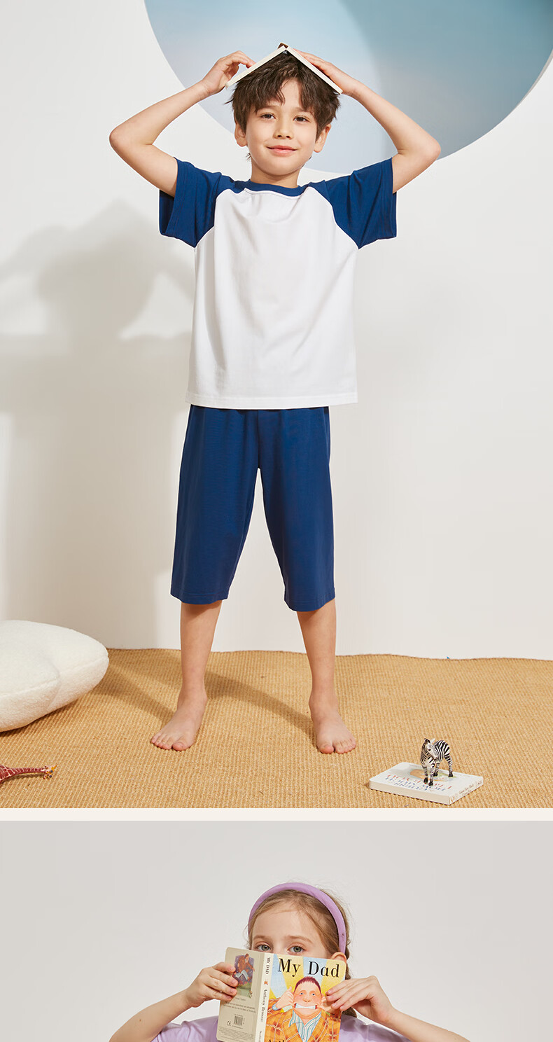 Piggy Banner Boys' Summer Cotton Short Sleeve Pajama Set 2026 New Girls' Lightweight Breathable Homewear 8