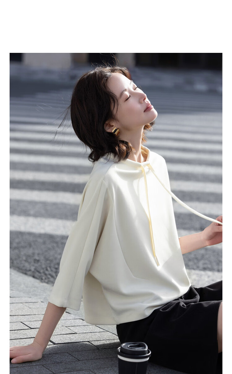 Demana Sandwashed Air Layer Spring Stand Collar Raglan Mid-Sleeve Loose Fit Petite Women's Sweatshirt 10