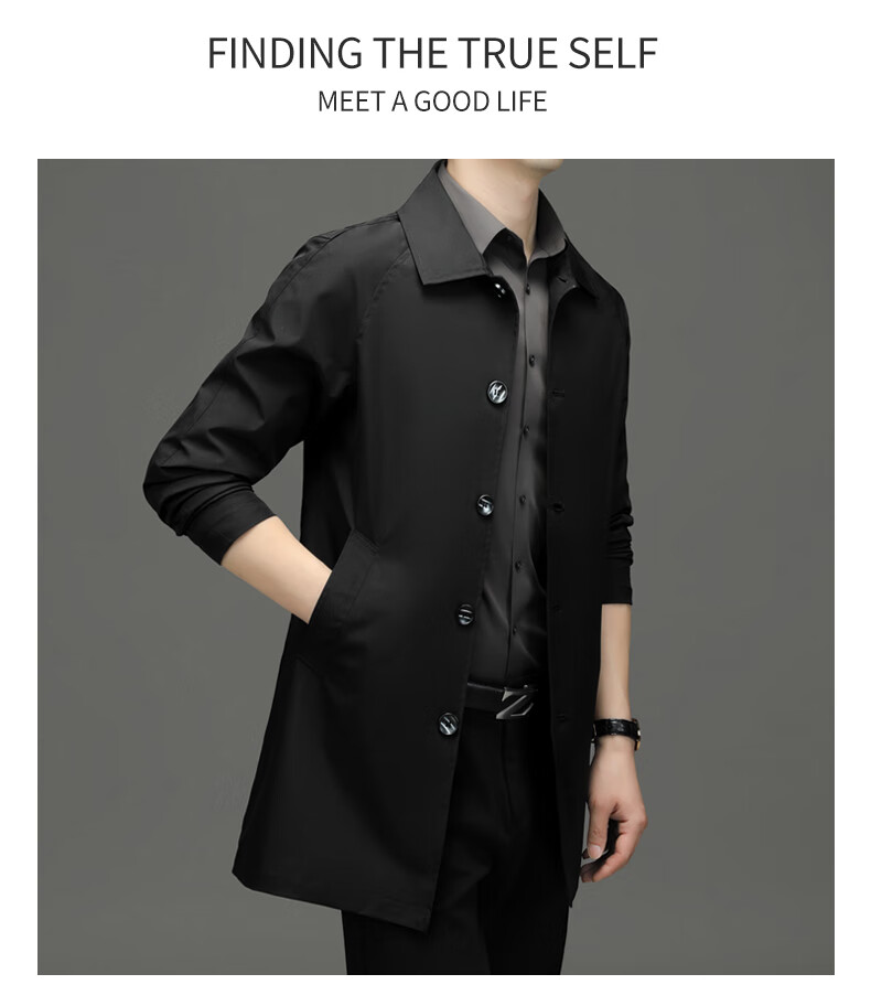 ROMON Men's Trench Coat, Spring And Autumn Business Casual Mid-Length Overcoat, Outerwear Jacket D-2021 Black XL 26