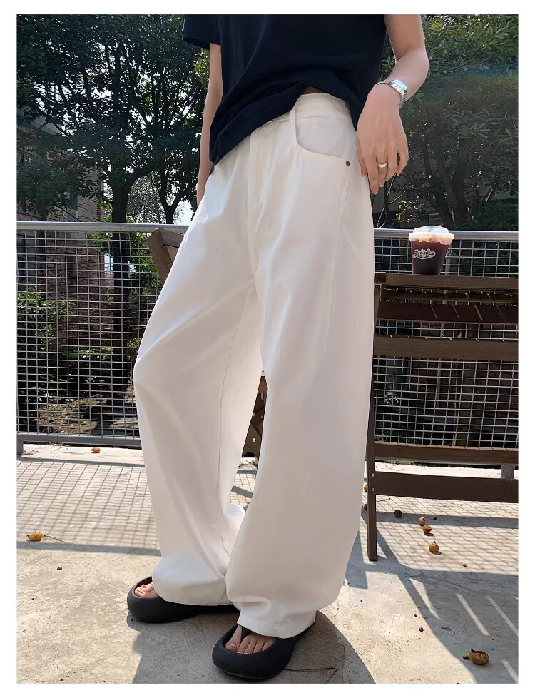 ICH MODE "Versatile Pants King" Spring Summer All-Season Slimming Curved Cut Loose Casual Straight Wide-Leg Pants Off-White S 15