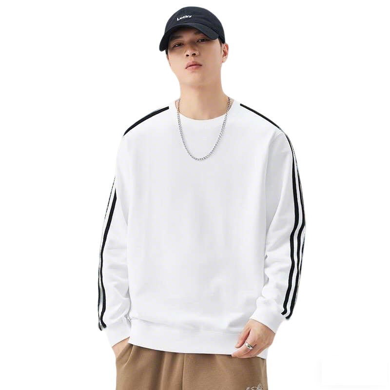 Dingfengbaoluo American Style Striped Sweatshirt Men Autumn Winter Solid Color Pullover Crew Neck Loose Fit Casual Top QZ33 White 4XL
