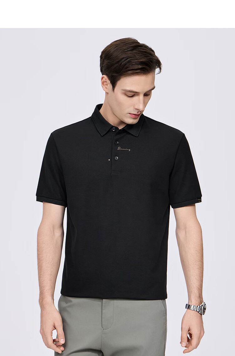 Dance with Wolves [Ice Cool] Exquisite Embroidery 7A Antibacterial 2A Mite-Resistant Ice Feeling Men's Short Sleeve Polo Shirt 001 Black 3XL 18