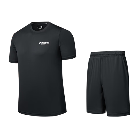 QIAODAN Running Sports Set for Men, Quick-Dry Short-Sleeve T-Shirt, Knee-Length Shorts, 2-Piece Sportswear Set