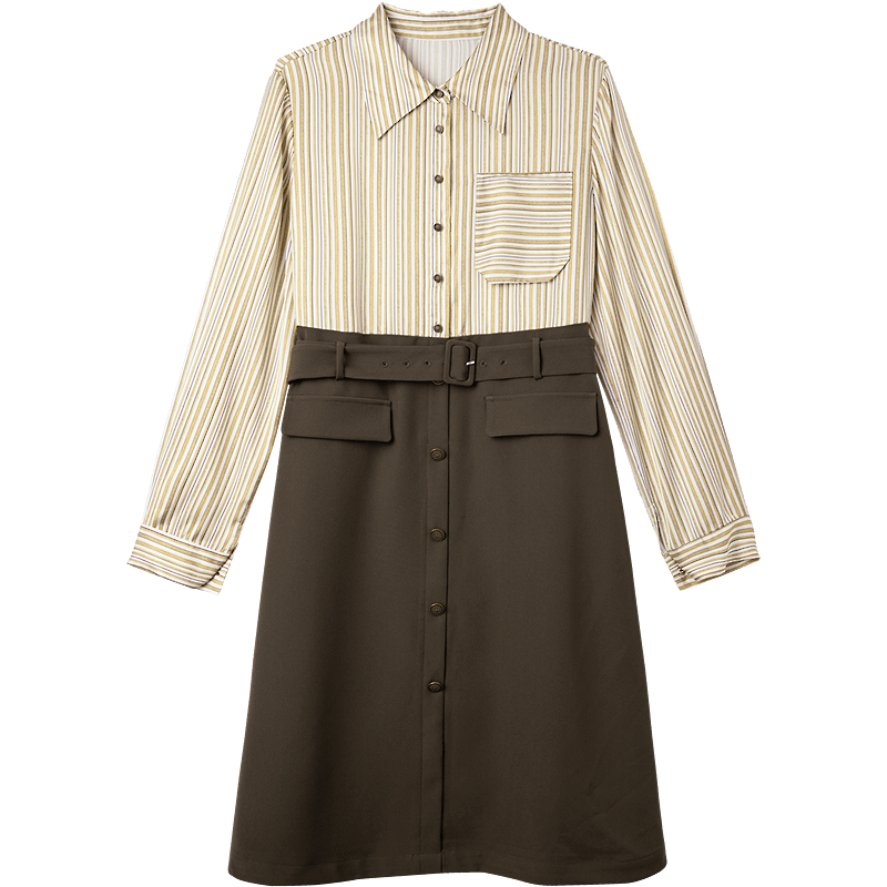 Demana [Smart Urban] Spring Satin Striped Faux Pocket Spliced A-Line Belted Petite Women's Dress