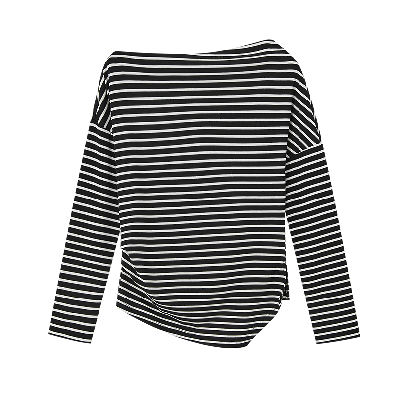 Demana [Light Oxygen Lyocell] Spring Urban Retro Style Asymmetric Collar Striped Stretch Slimming Concealing T-Shirt for Women Premium Feel