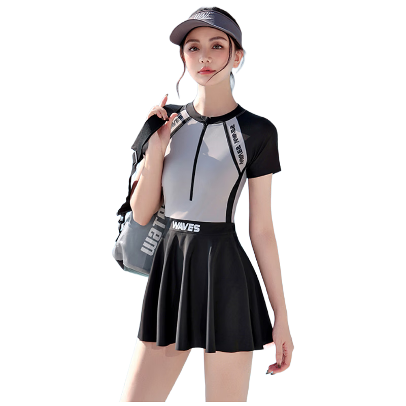 F.DYRAA Women's Swimsuit, Tummy Control Slimming One-Piece Dress, Conservative Swimwear for Hot Springs, Three-Piece Set, 15046 Black 2XL