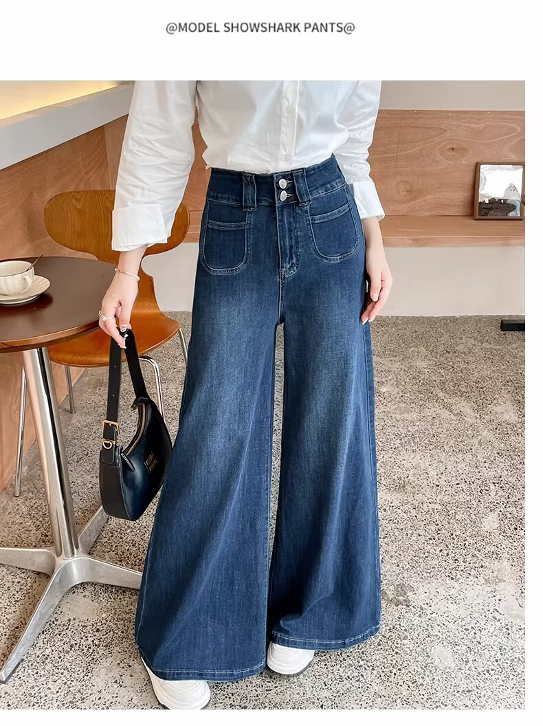 Langsha Women's Jeans 2026 New Retro High-Waist Wide-Leg Pants Slimming Double-Button Straight Micro-Flare Trousers for Petite 16